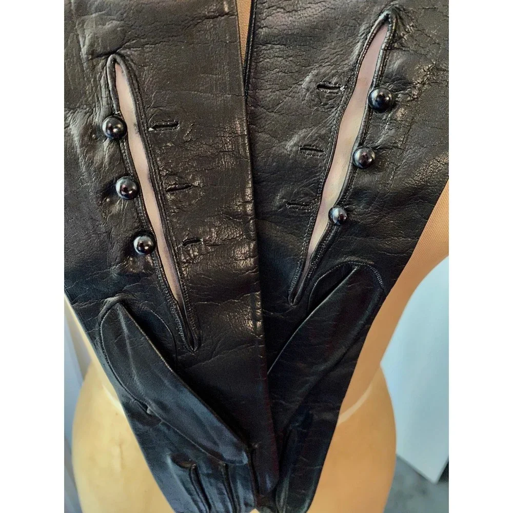 NWOT Vintage Christian Dior Opera Length Black Leather Gloves SZ 6 1/2